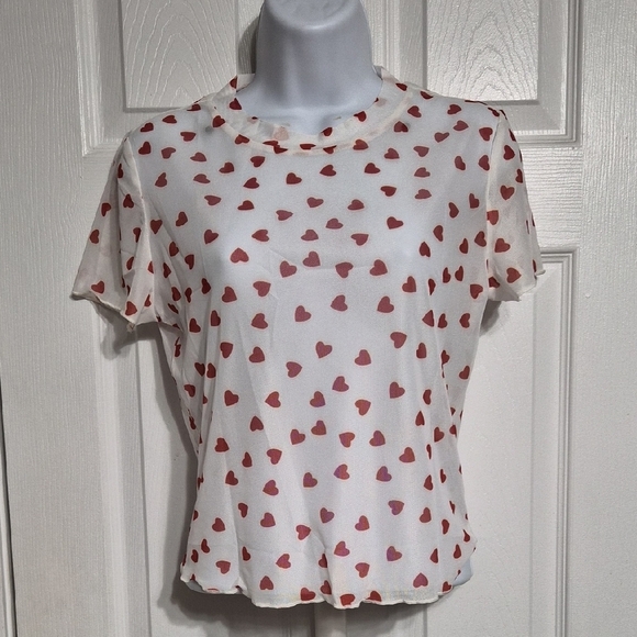Sheer Red And White Heart Cropped Top Women's Top NWOT Size Medium - Picture 3 of 8
